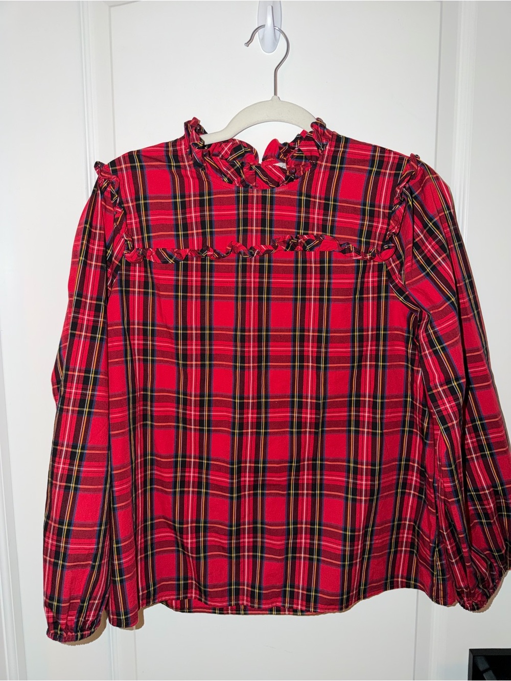 J.Crew Women’s Medium Red Tartan Plaid Ruffle Long Sleeve Blouse Top
